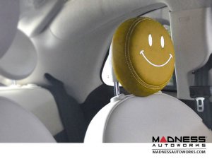 FIAT 500 Headrest Cover Set - Black Italy - Front - Yellow - White Happy Face Design